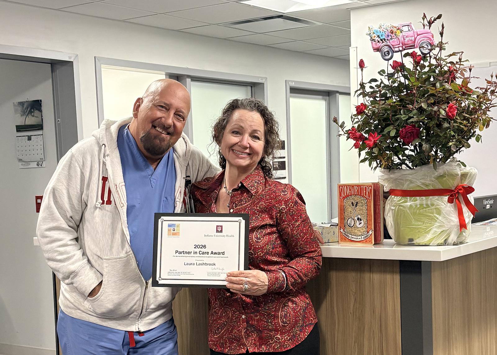 Rob Bogdon, IU Health Supply Chain Operations Regional Director, and Laura Lashbrooks, IU Health Supply Chain Operations Regional Manager.
