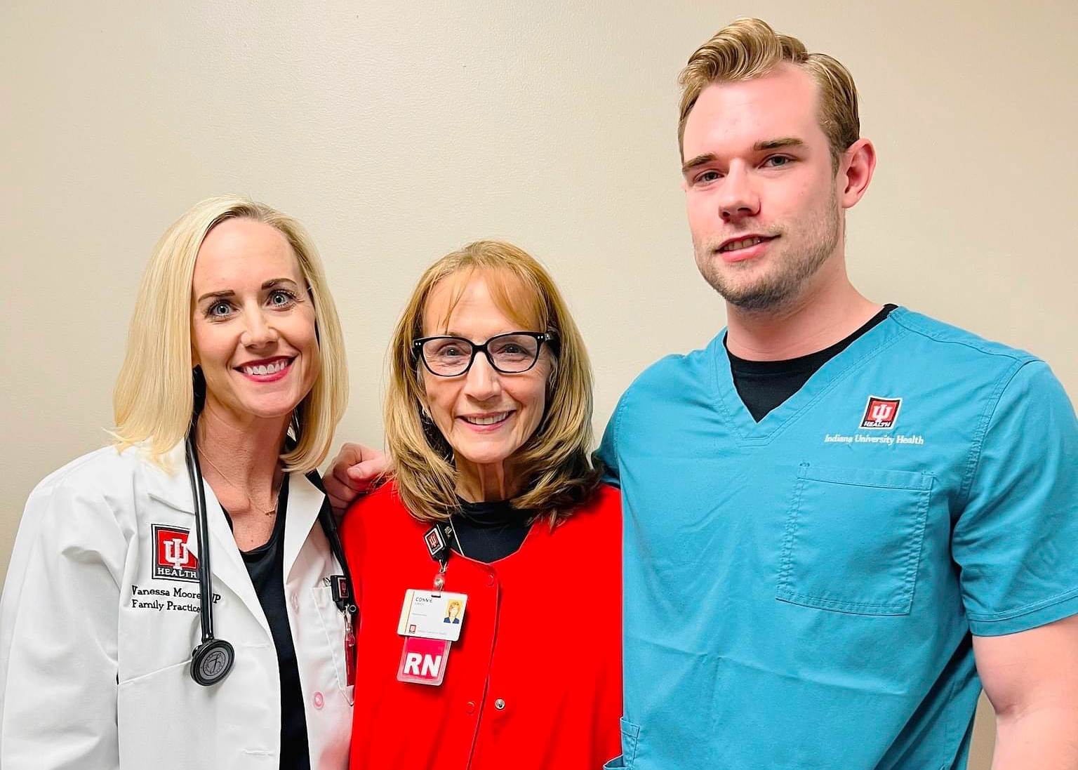 Vanessa Moore, NP and Connie Kinder, RN from IU Health Bedford, and Gaven Moore, PA, with IU Health Bloomington Cardiothoracic Surgery
